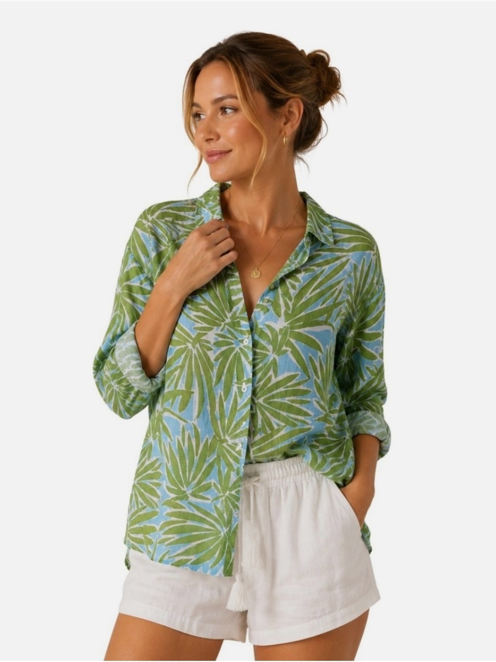 Sigrid Olsen 100% Linen Palm-Print Button-Down Shirt L Relaxed Resort Tropical